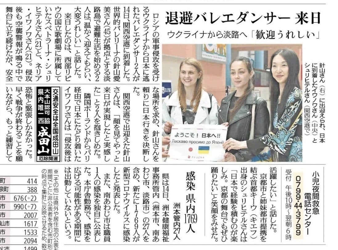 新聞掲載 ウクライナよりリビウ避難のダンサー 無事到着 一緒に公演作ります